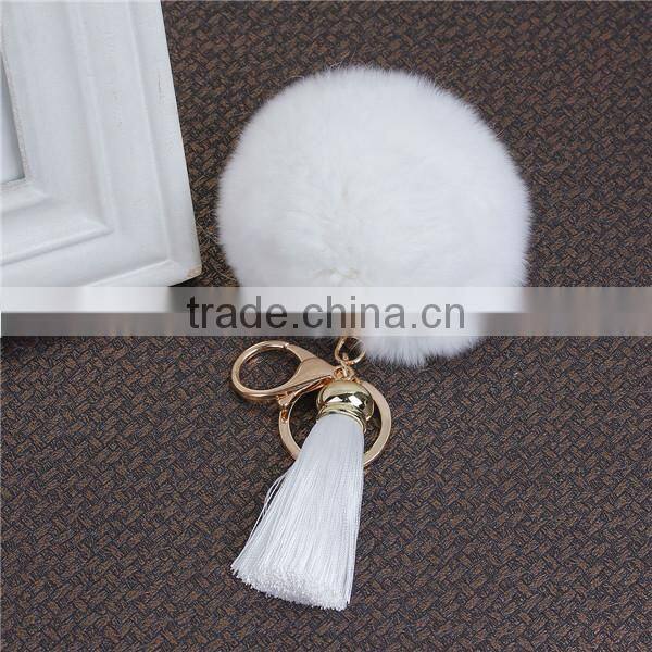Cheap Wholesale gold Plated White Angora Pom Pom Ball Rayon Tassel Keychain