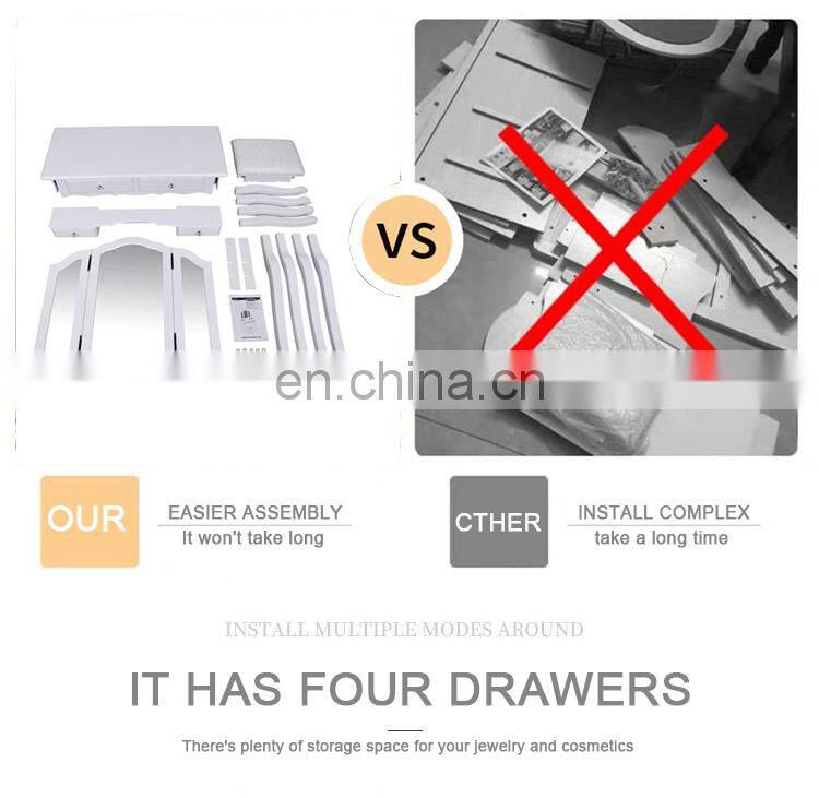 White 4 drawers touch dimmer led mirror dressing table with lighted mirror