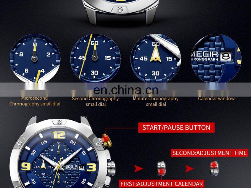 MEGIR ML2099G Men Quartz Watch Top Brand Luxury Gold Chronograph Date Military Sport Leather Band Male Clock