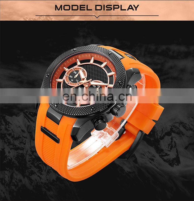 High quality rose gold case blue dial and silicone band dress steel chronograph sports watch men custom logo
