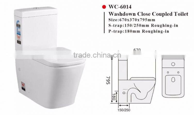 Two-Piece Washdown Watermark Toilet Factory S/P Trap with Geberit or R&T Flush Valve Soft Closing Cover, Australian WELS WC-6014