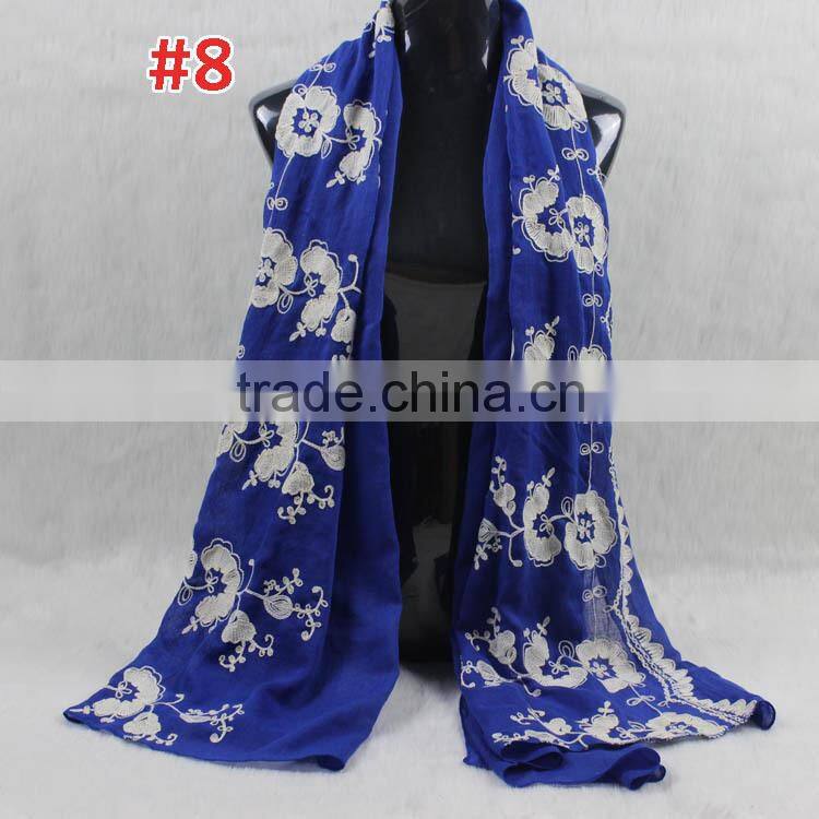 New Style Cotton Viscose Beautiful Flower Design Embroidery Shawl Scarf