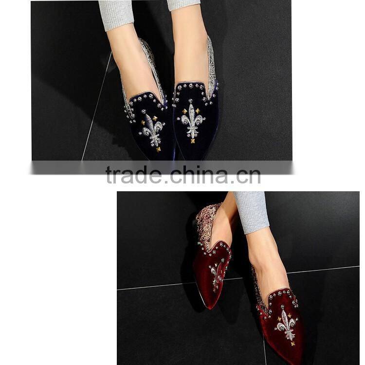Latest fashion pointed toe pump shoes Coolest rivet decorated corduroy shoes Leisure joker embroider pump flat shoes