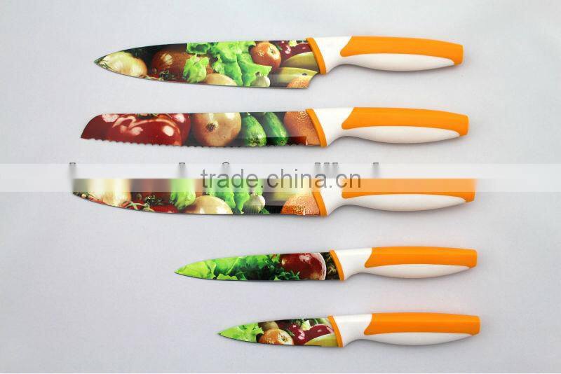 yangjiang Vegetable Pattern Non-stick Coating steel kitchen knives Set