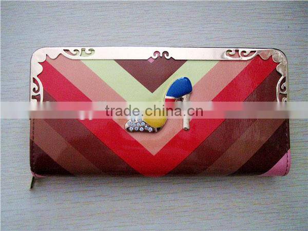 Hot sale cheap posh colorful striped shiny pu purse with decoration