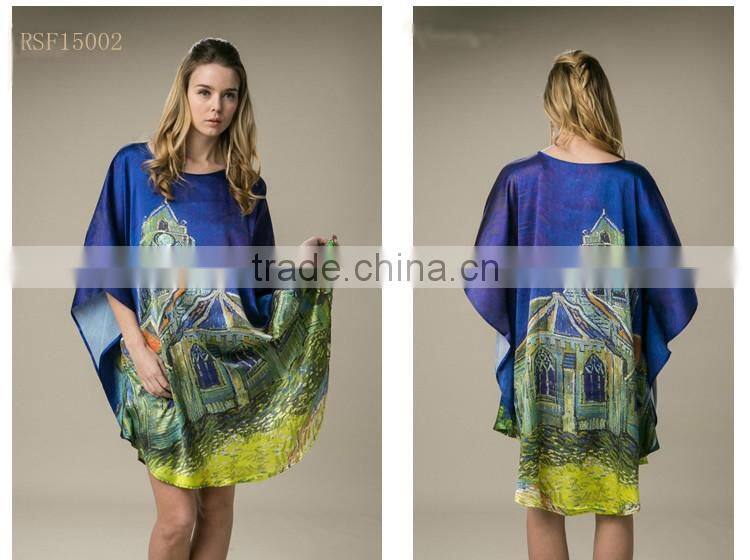 2016 beach one size 100%silk women batwing kaftan silk dress