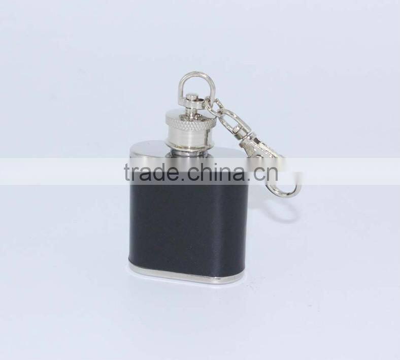 1oz Mini Stainless Steel Hip Flask Flagon with Keychain with leather sleeve