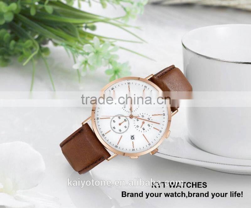 2016 KYT Japan Movt Quartz Watch Stainless Steel back 10atm Water Resistant leather band Chronograph Men Gift WristWatches
