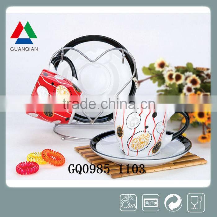 225ml black and whtite stoneware tea cup and saucer with decals