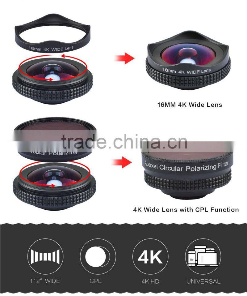 APEXEL 16mm 4K Wide Angle Lens+CPL Filter 2 in 1 Camera Lens for mobile phone,Black/Rose Gold Clip Wide Angle Lens for iPhone