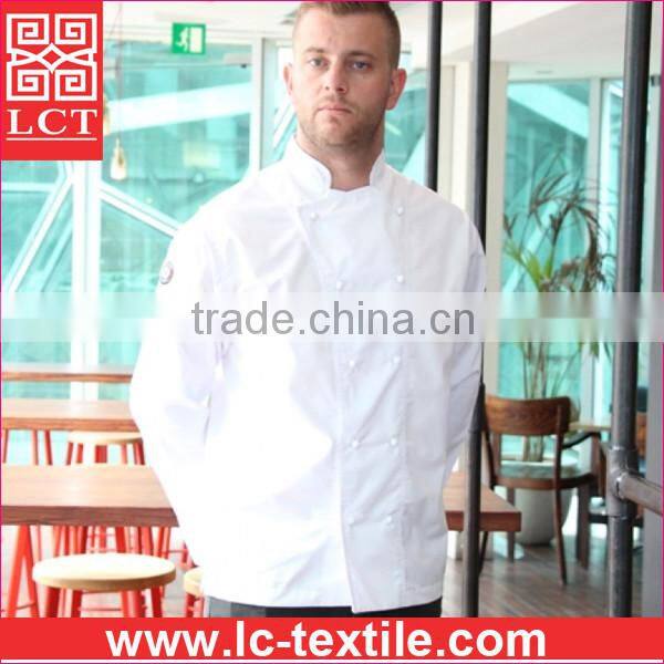 supply 2015 newest design 245gsm drill fabric chef coat uniform with stiff cuffs for roll up sleeve(LCTU0022)