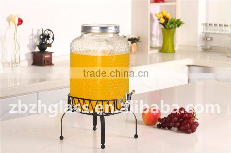 Glass Beverage Dispenser 8L glass juice bottle with metal shelf