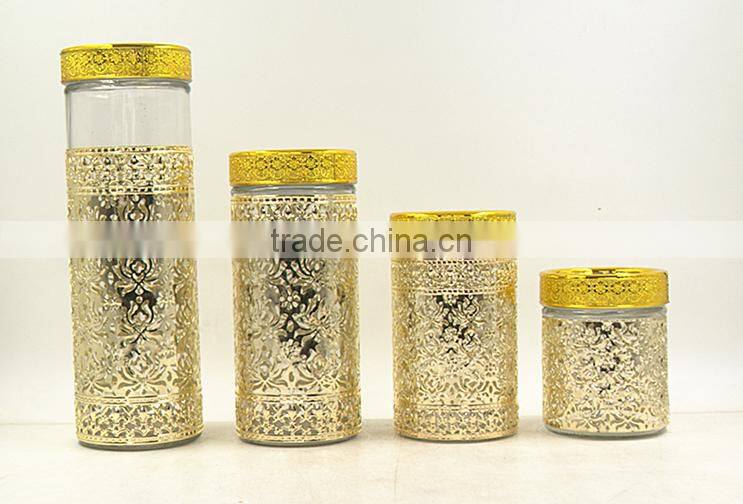 Set of Four Glass Food container storage canister with golden metal coat