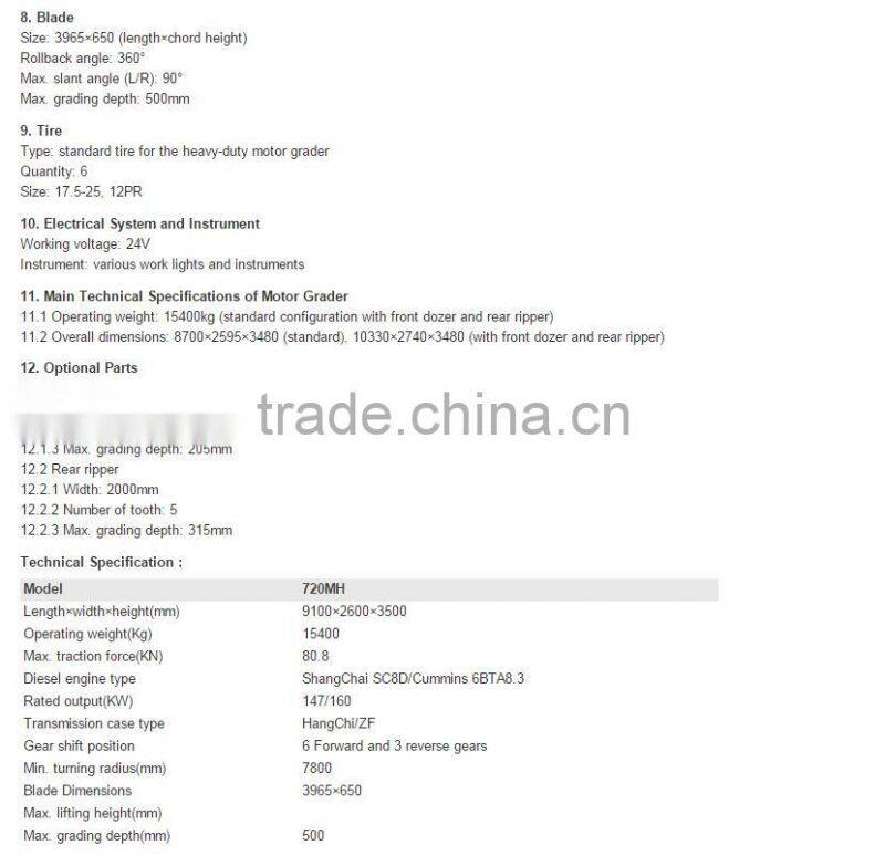 220HP motor grader new 720MH Changlin brand for sale