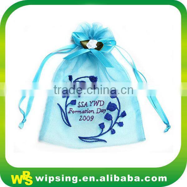 White Organza Pouch with Printed Ribbon Drawstring