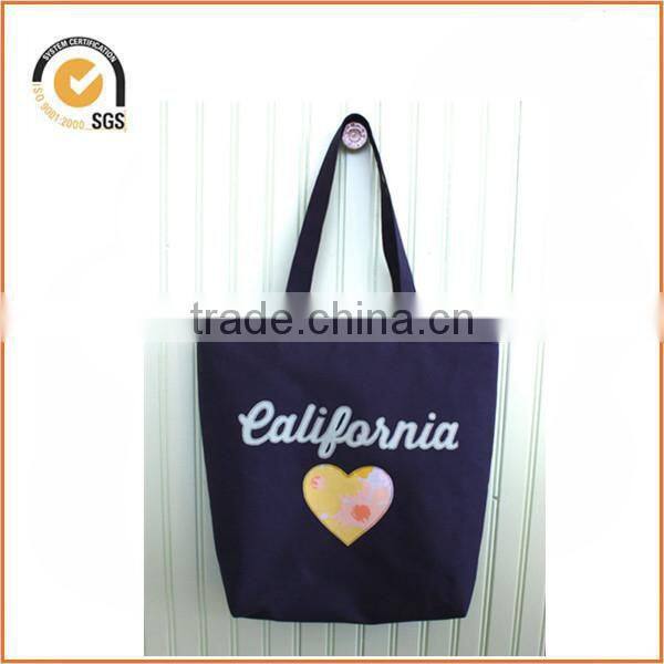 California Heart Appliqued Tote Bag: Navy Blue Canvas, Yellow Floral and Light Blue with Pink Lining and Floral Pocket By Chiqun