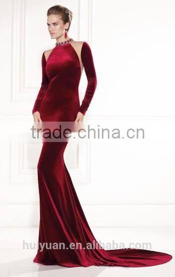 Wine Mermaid Long Sleeve Velvet Evening Dresses Bridesmaid Dress
