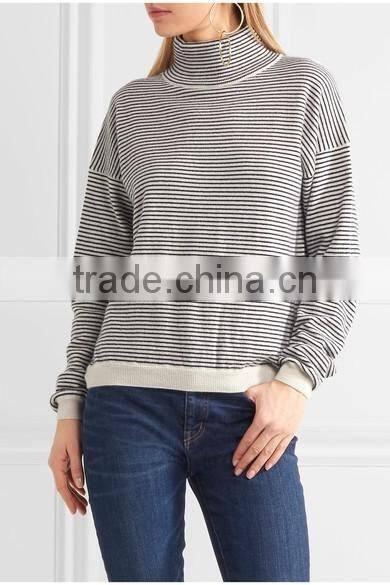 High Quality Woman Wearing Cashmere Thin Striped Turtleneck Sweater