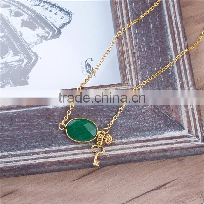 Fashion Gold Plated Link Chain Key Necklaces With Dark Green Jade Cabochons Faceted Jewelry Handmade Pendant Necklace