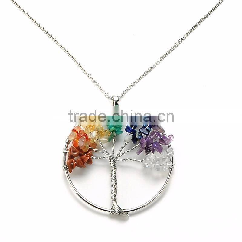 Natural Amethyst Reiki Chakra Tree of Life Crystal Wire Wrapped Pendant Necklace