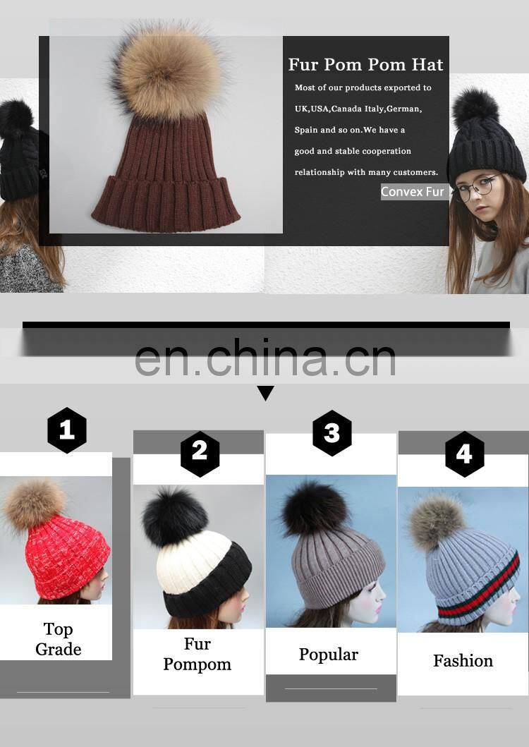 Wholesale latest UK style acrylic crochet hat with raccoon fur poms knit hat
