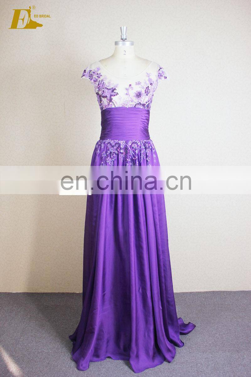 Real Sample Scoop Neckline Cap Sleeve Handwork Beaded Purple Sexy Prom Dress For Girls