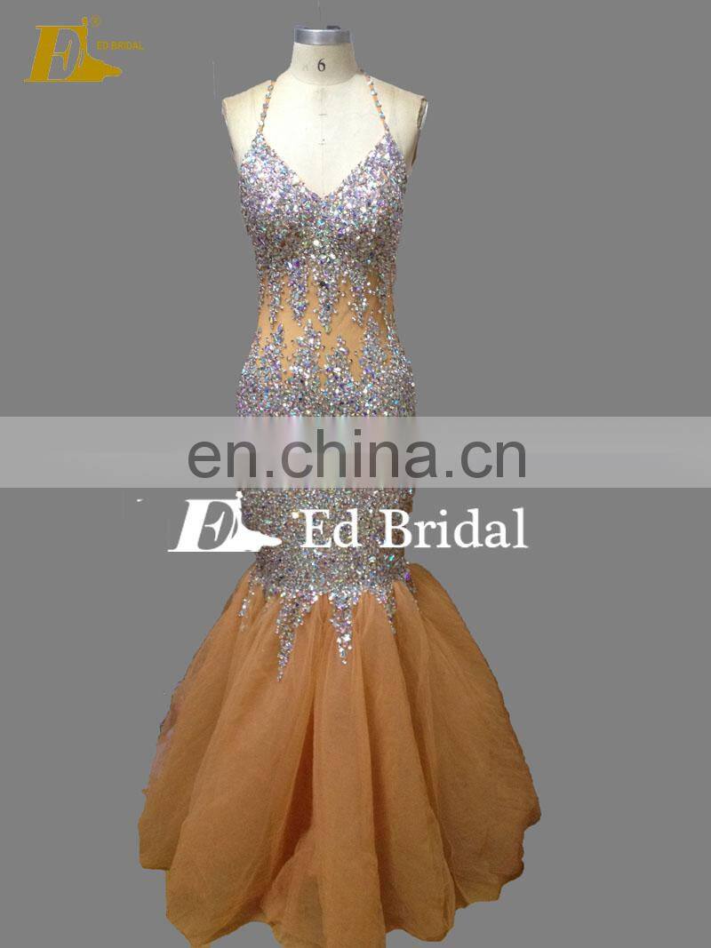 Mermaid Patterns Straps Cross Backless Champagne Heavy Beaded Sexy Prom Dress For Girls