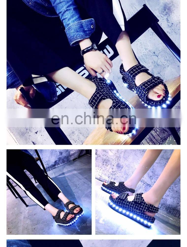 New design 7colors light shoes Comfort Low Platform Womens Summer Plaid USB Charge Led Luminous sandals Ladies LED shoes