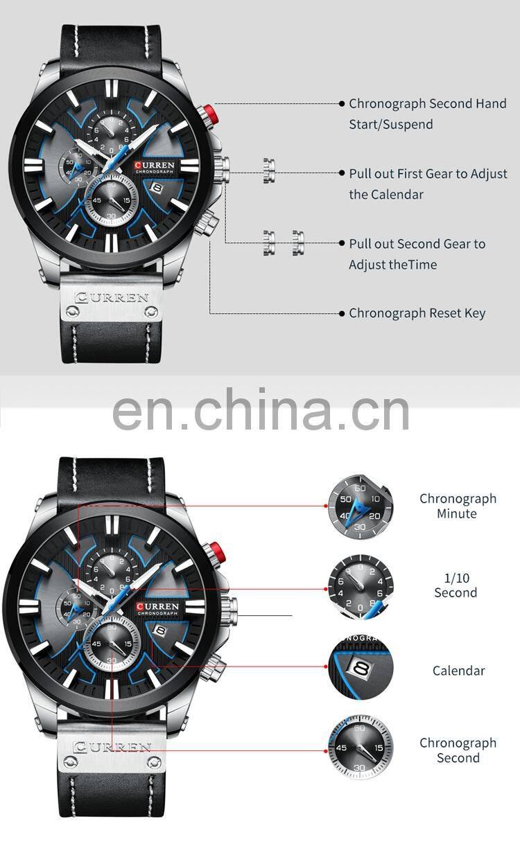 CURREN 8346 Men Black Leather Strap Analog Quartz Watches Chronograph Calendar Luminous Mens Wrist Watch