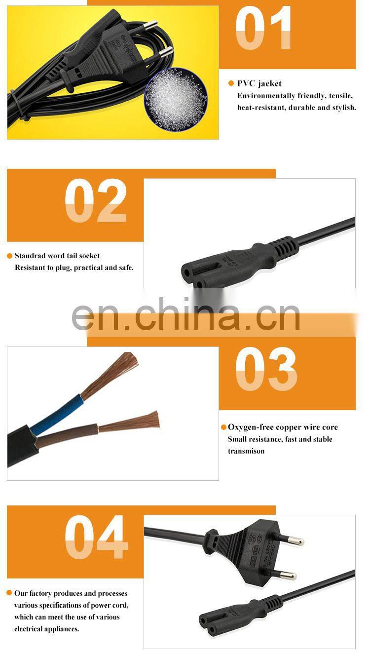 High Quality Custom Length Euro 2 Pin Plug Computer Power Cord Cable