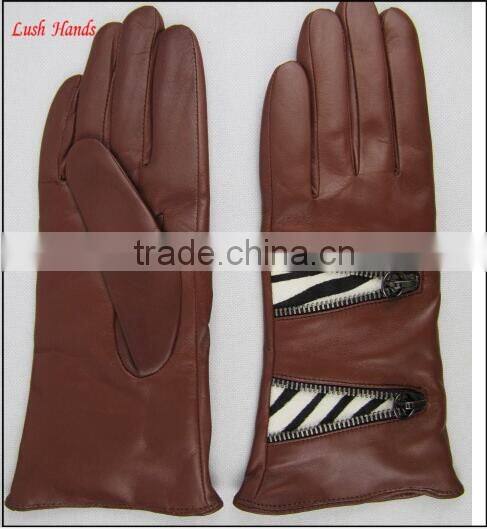 Ladies dr brown leather gloves with metal zipper stich pattern