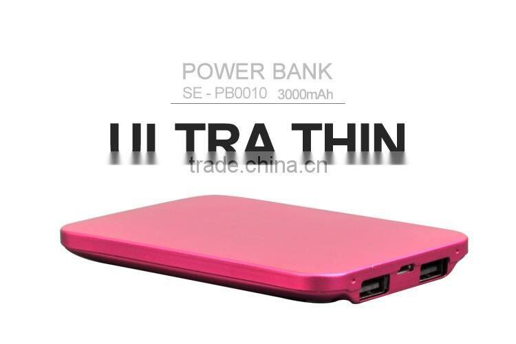 Untla Thin Portable Aluminous Power Bank with 3000mAh capacity Dual USB port with recharge battery
