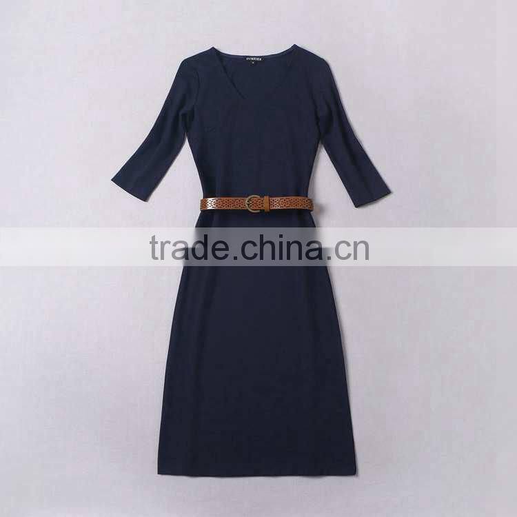 2014 Early autumn designer brief style dress V-neck 3/4 sleeve mid-calf cotton bodycon women casual dresses with belt W18271