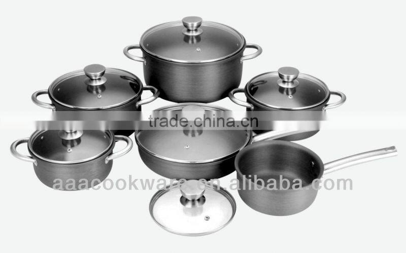 2015 New Products 12PCS German Technique 2.5mm Hard Anodized Aluminium Cookware Set With Glass Lid For Wholesale