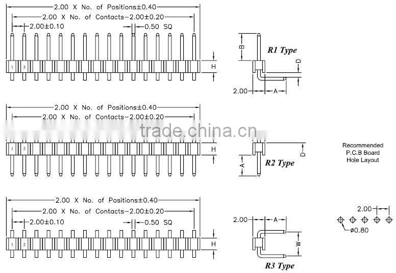 Pitch: 2.00mm Pin header Single Row Right Angle Dip Type electrical connector