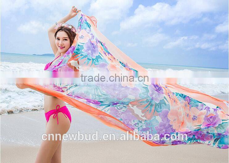 2015 lastest design imitated silk large flower orange beach scarf