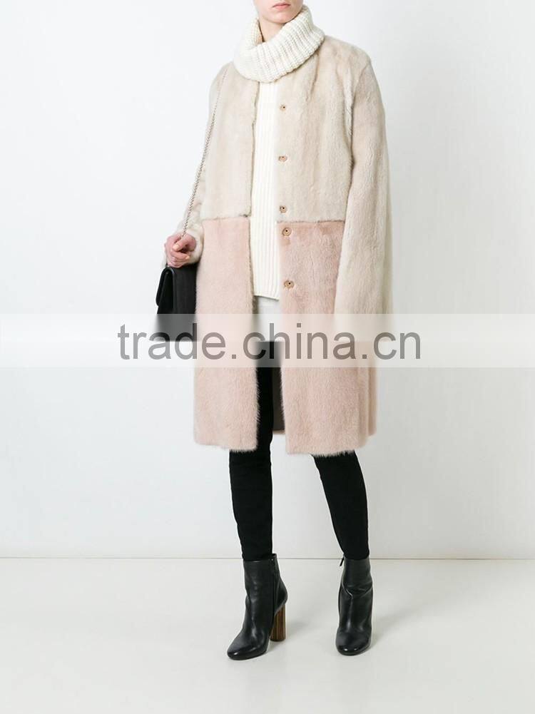 OEM factory price collarless fur coat, trench style long women fur coat