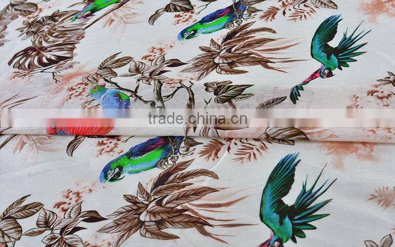 parrot bird branch leaf printed silk linen blend fabric