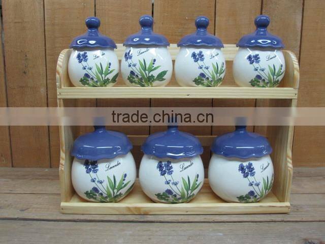 New lavender design ceramic 7pcs coffee canisters set with wood
