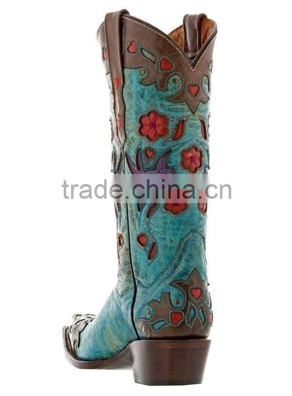 Womens Brown Turquoise Robin Flower Print Western Leather Rodeo Cowgirl Boots