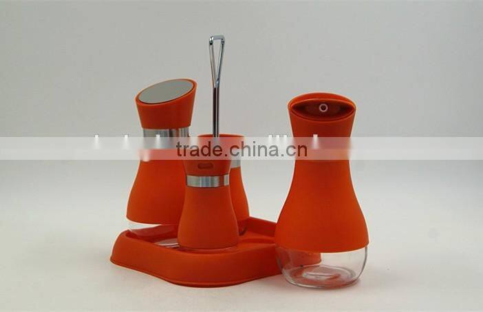 Glass oil vinegar salt pepper set cruet set with plastic coating and stand