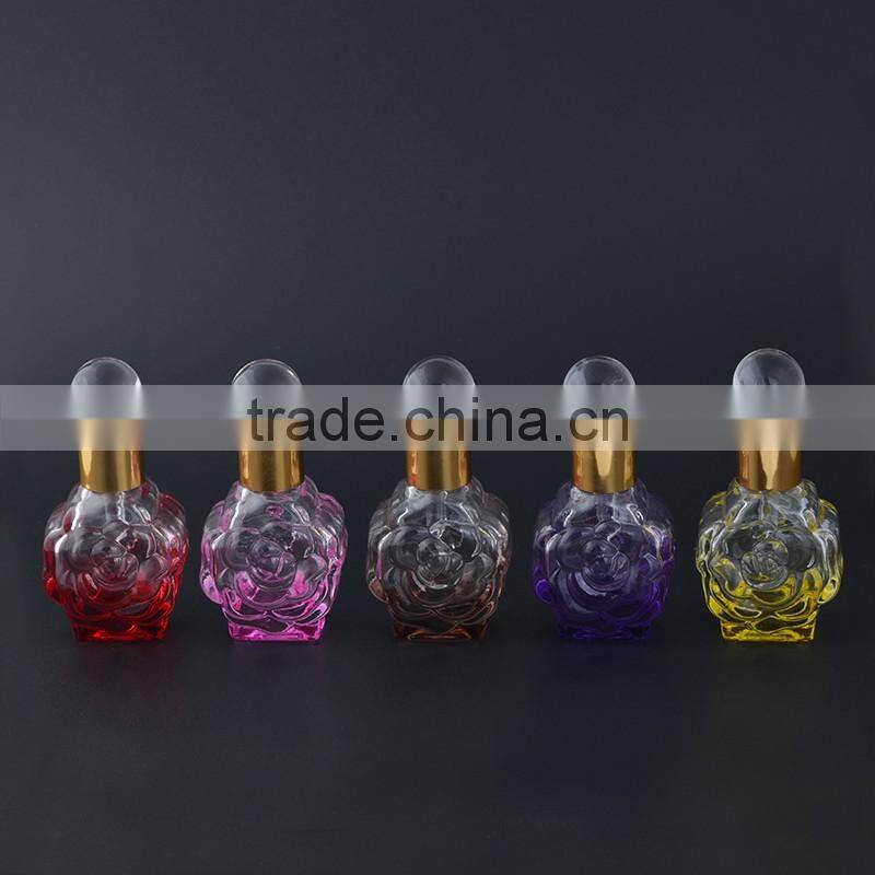 Wholesale fancy 12ml empty flower shaped mini glass perfume bottles with aluminum caps and glass stopper