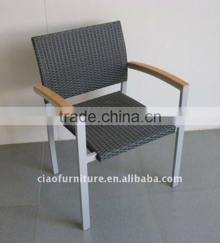 OUTDOOR POWDER COATED ALUMINUM PE rattan arm chair WITH TEAK WOOD ARM