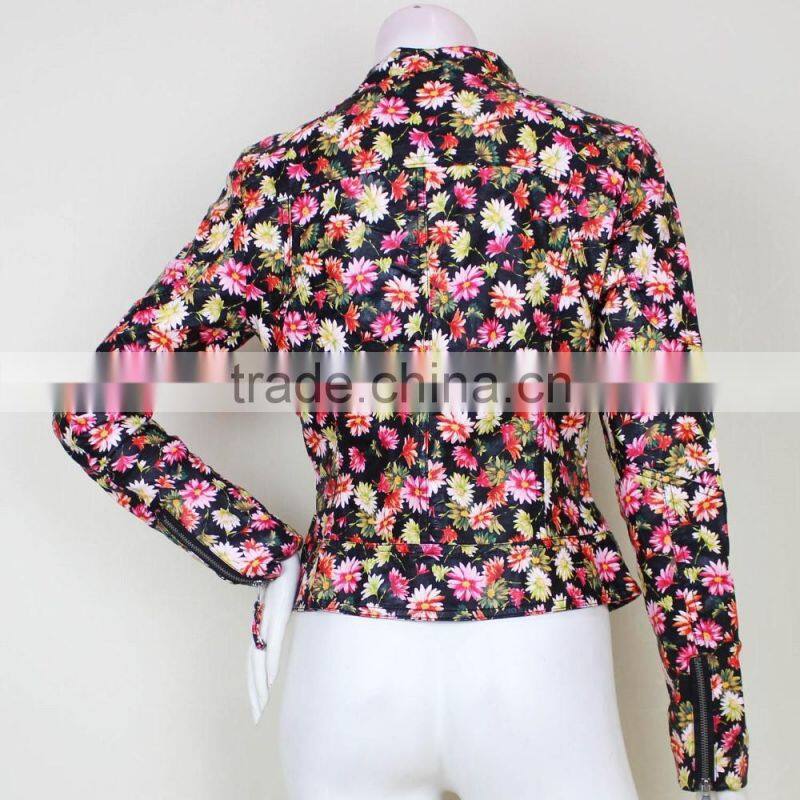 Europe Ameicia Fashion Black Flower Pringting Long Sleeve Pu Leather Waterproof Jackets for Women