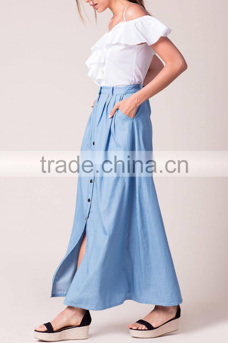 2017 New design women button front banded waist chambray maxi skirt
