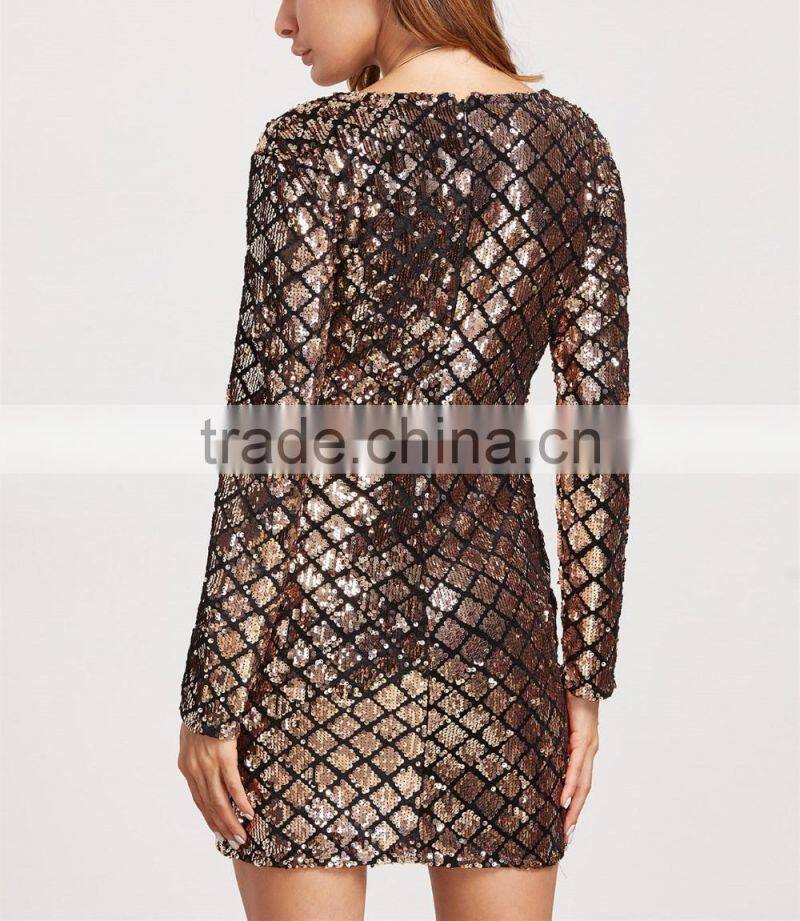 OEM Service Fashion Luxury Long Sleeve Mini Dress Deep V Neck Bodycon Dress Gold Beaded Sequins Club Dresses For Adults