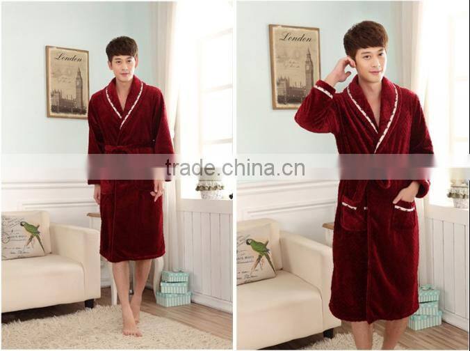 100% polyester embossed powder plush fleece men's bathrobe, nightie gown