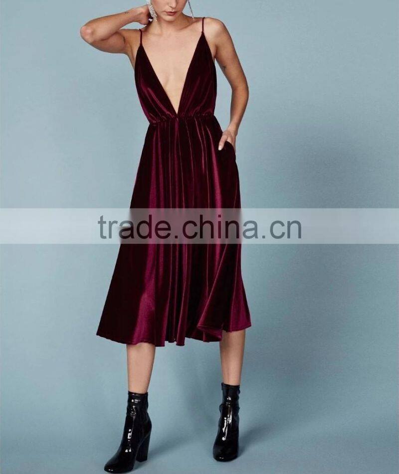 Sexy Low V-neckline Velvet Fabric Spaghetti Straps Cocktail Dress With Open Back Evening Party Gown 2016 HSD5799