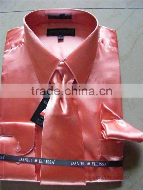 mens satin shirts man solid satin silk dress shirts with tie and handkerchief
