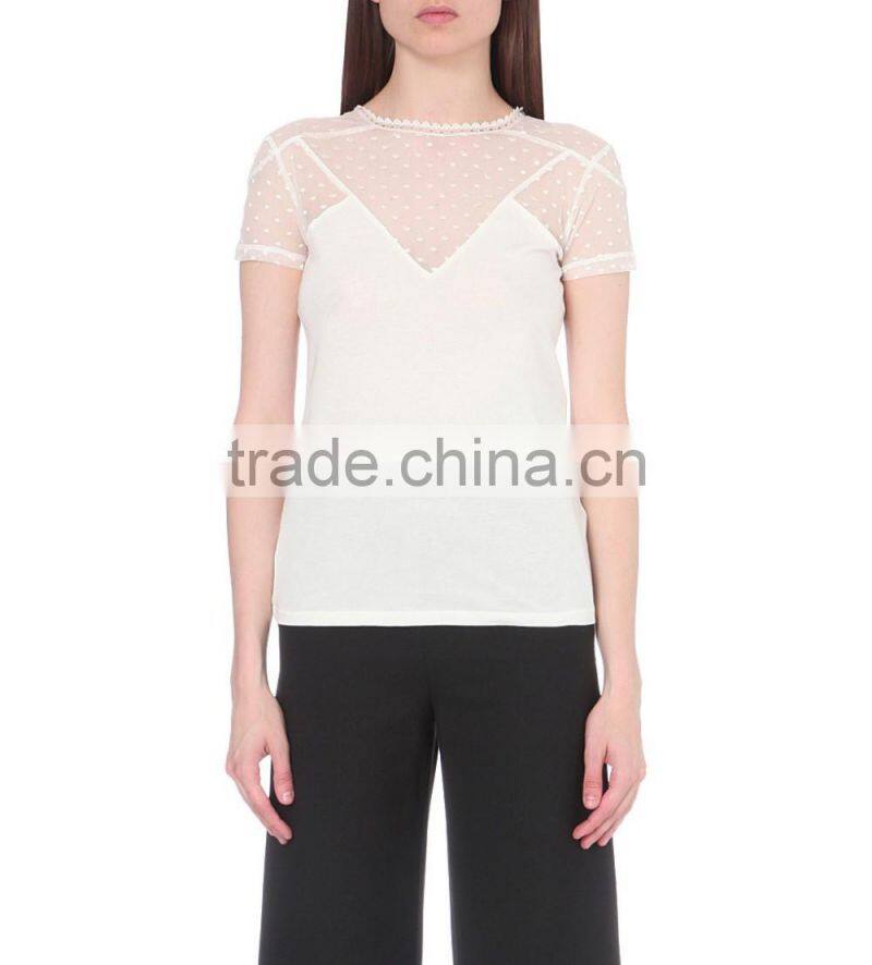 Wholesale Women Sexy Round Neck Short Sleeves Sheer Polka Dot Sleeves and Yoke Straight Hem Cotton Blend T-shirt(DQE0150T)